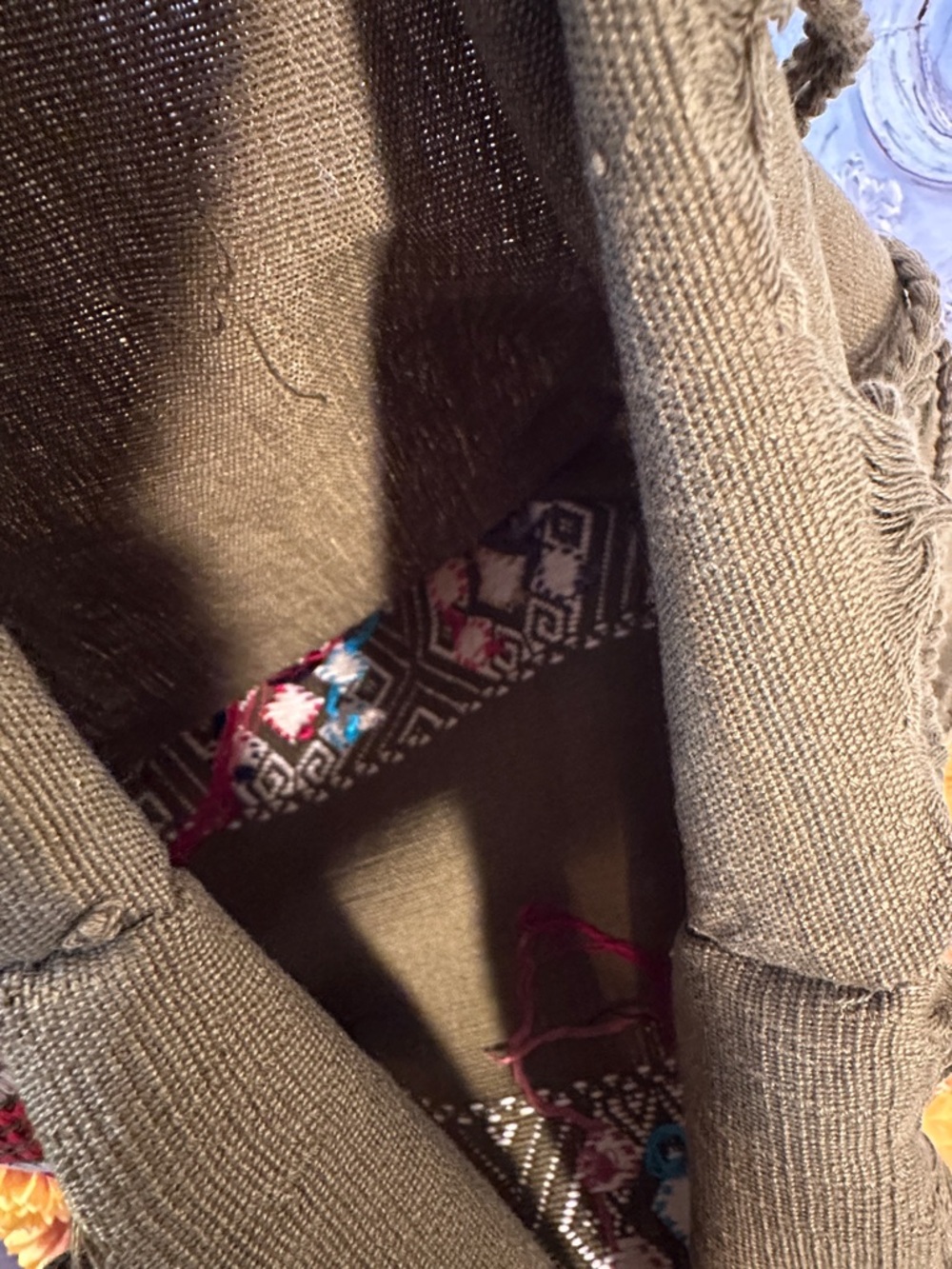Unbranded Olive Green Woven Tote with Geometric Embroidery - Picture 6 of 6